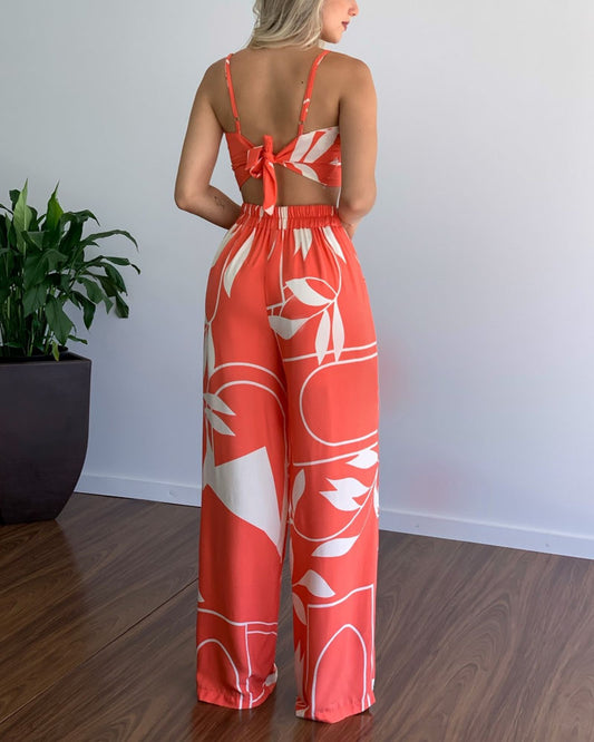 V-Neck Cropped Tank Top & Printed Wide-Leg Pants Two-Piece Set