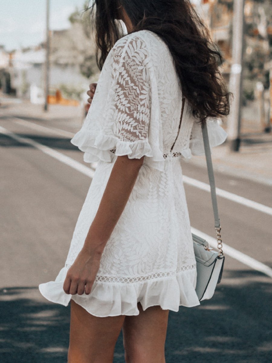 V-Neck Lace Hollow Out Mini Dress