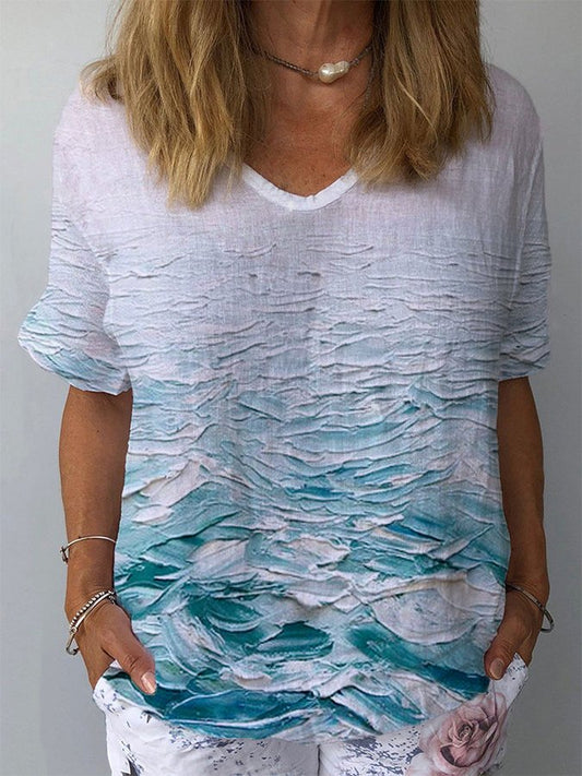 Women's Cotton Linen Wave Print Casual Loose Top