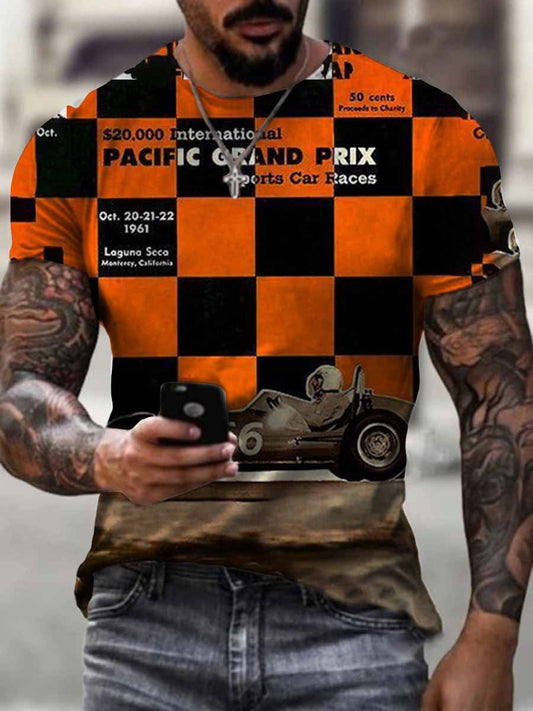 Casual plaid hit color motorcycle print T-shirt