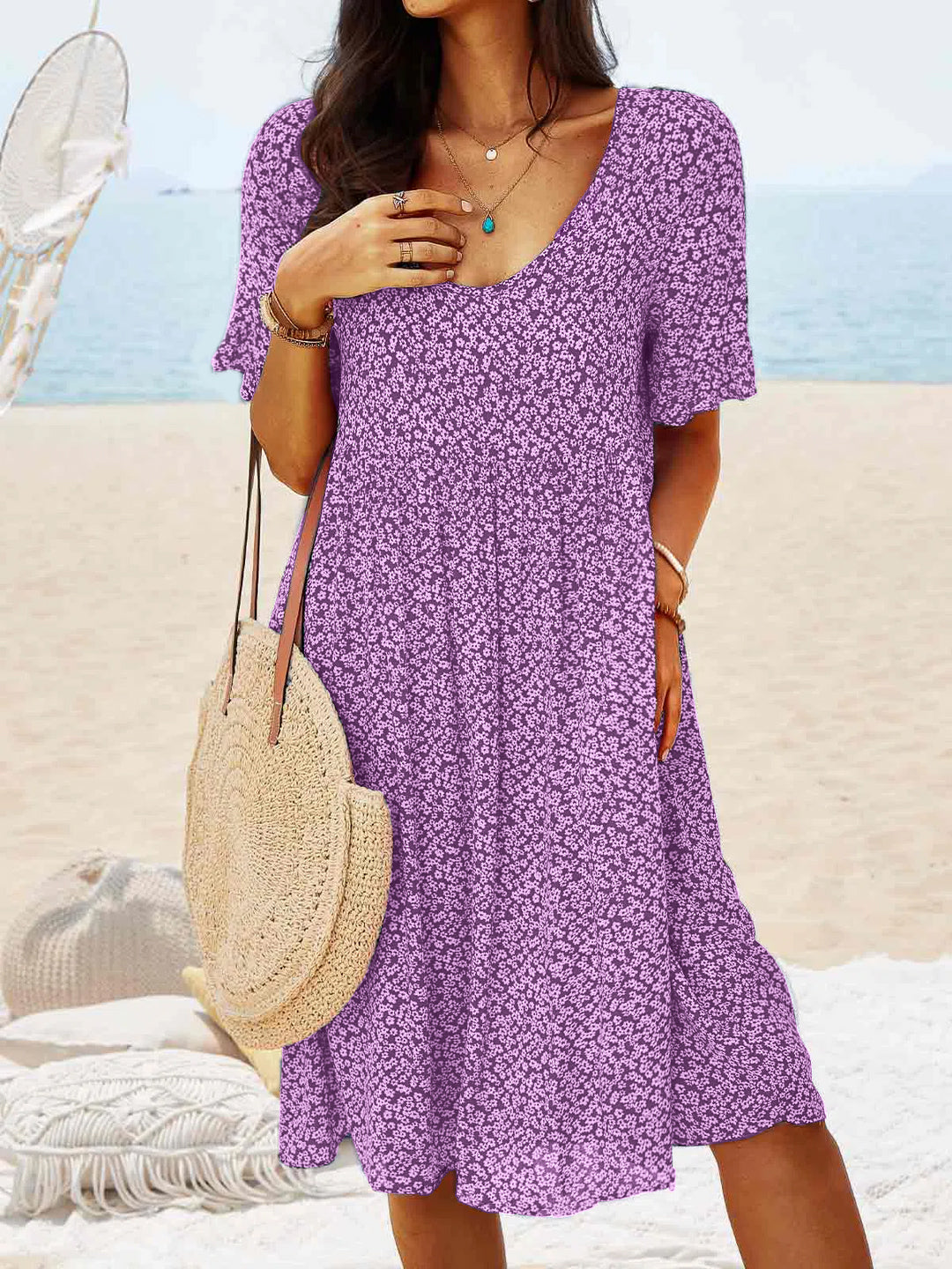 V Neck Floral Beach Vacation Casual Dresses