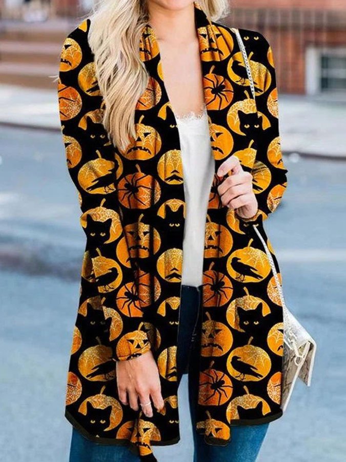 Women's Autumn Halloween Cat Pumpkin Print Long Sleeve Jacket