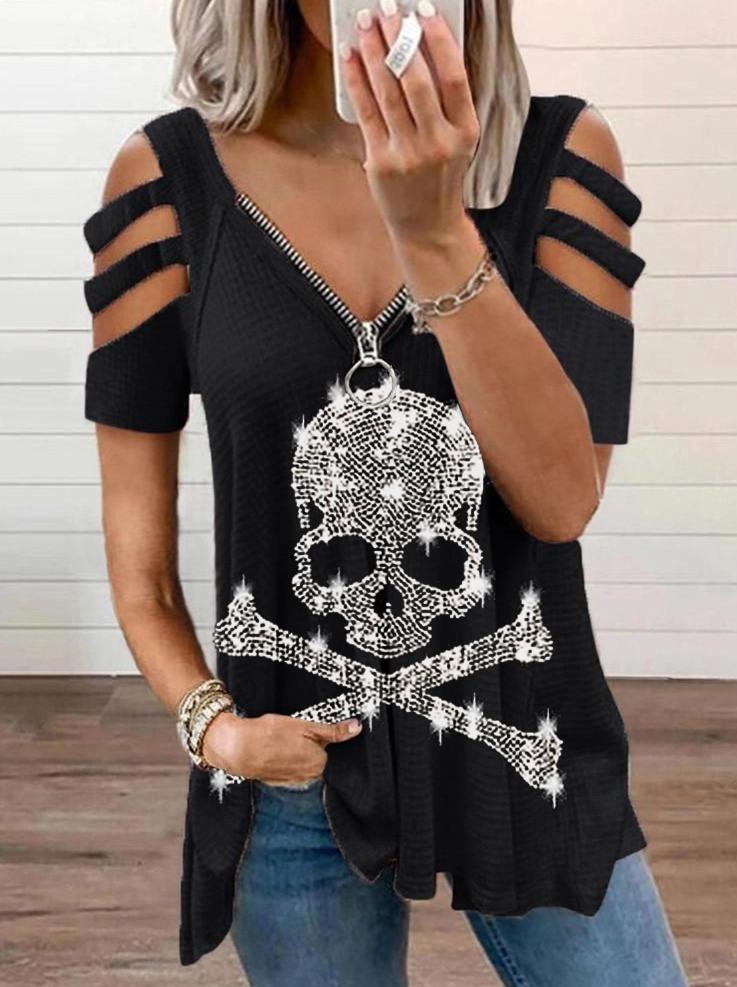 Cotton Skull Print V-neck Cold Shoulder T-shirt