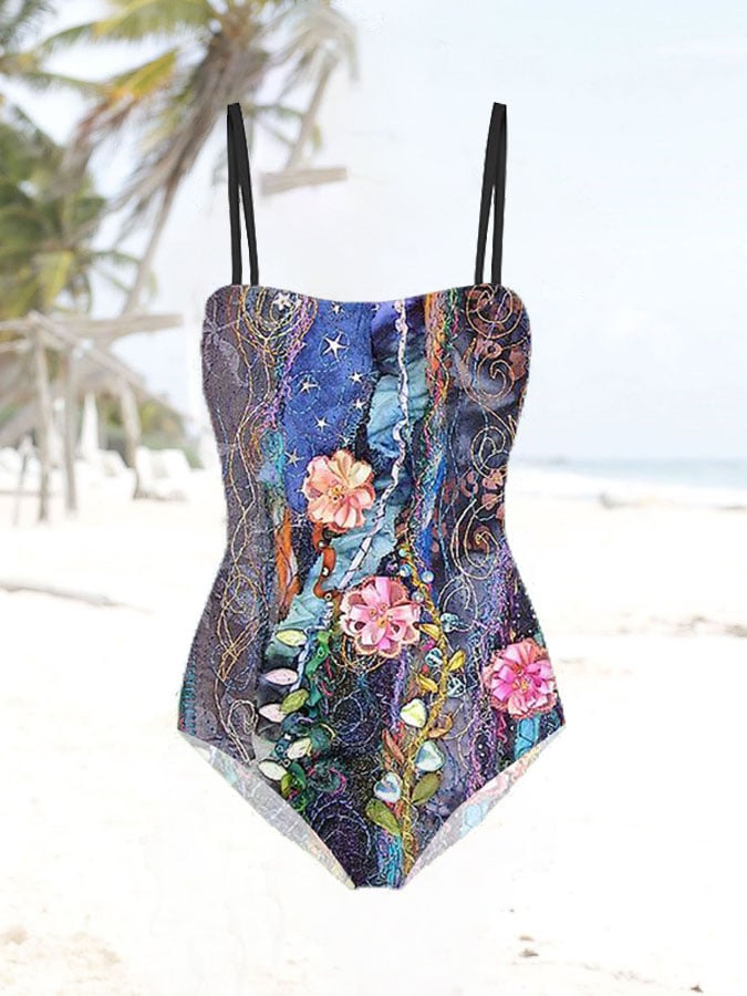 Vintage Floral Print Swimsuit And Apron
