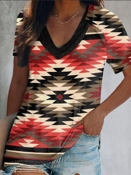 Vintage Geometric Print V-Neck T-Shirt