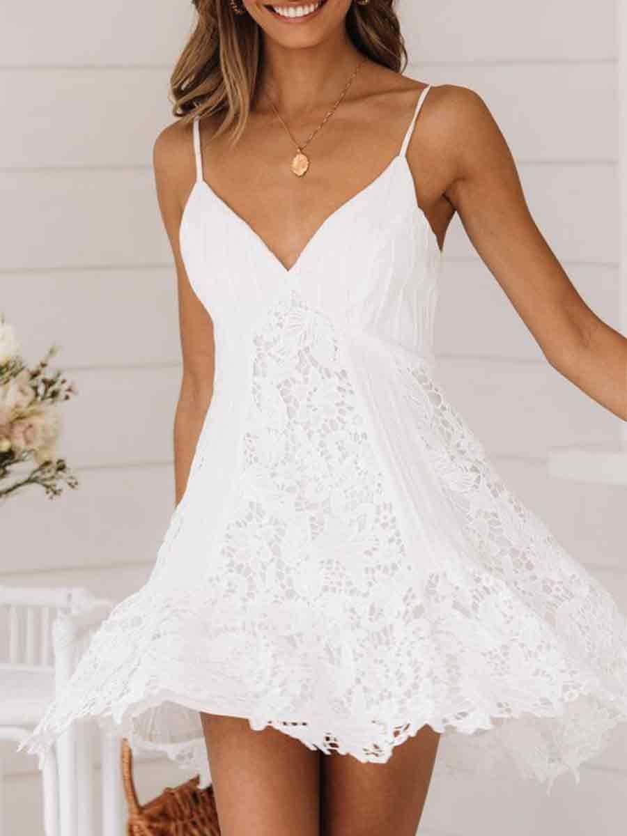 Strap V-Neck Solid Color Lace Dress