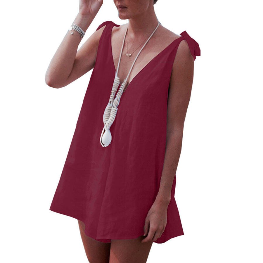 Solid Color Cotton And Linen Deep V-neck Suspender Jumpsuit