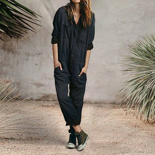 Solid Cotton Linen Pocket Jumpsuit