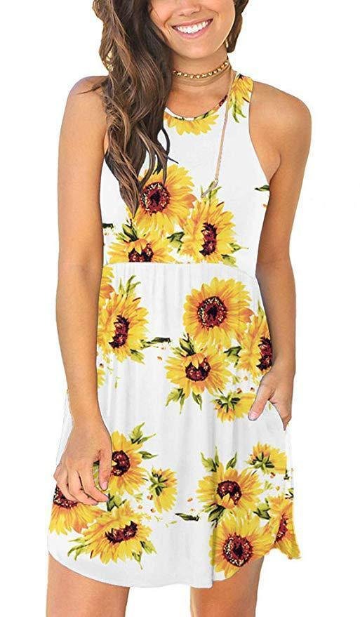 Sunflower Print Round Neck Pocket Dress