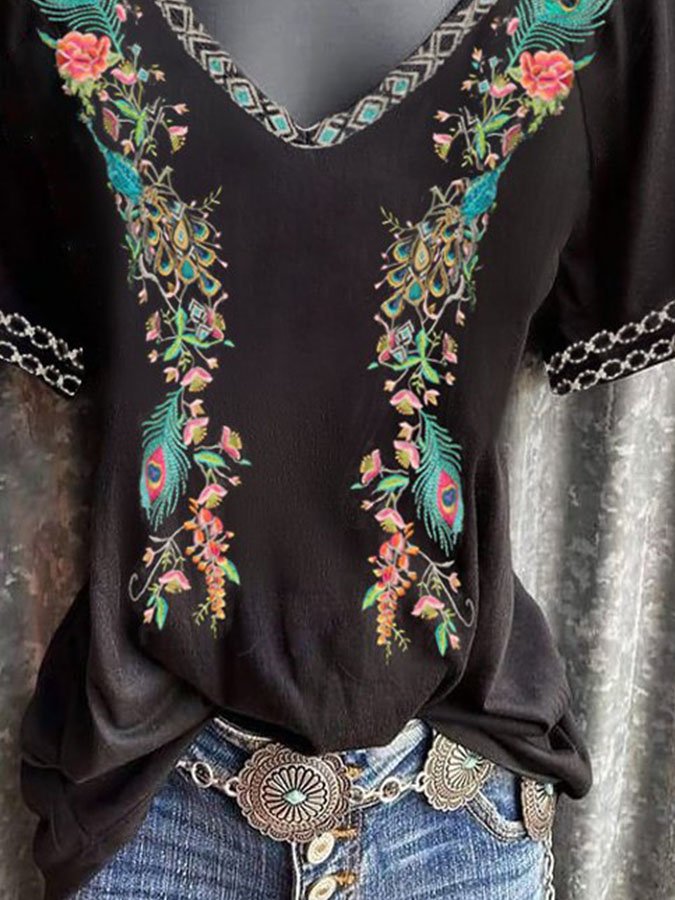 V-Neck Ethnic Floral Print T-Shirt