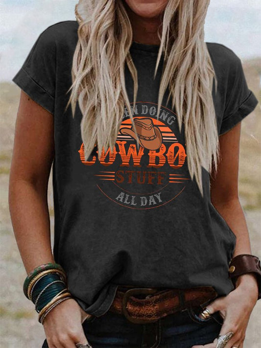 Cowboy Print Crew Neck Casual T-Shirt