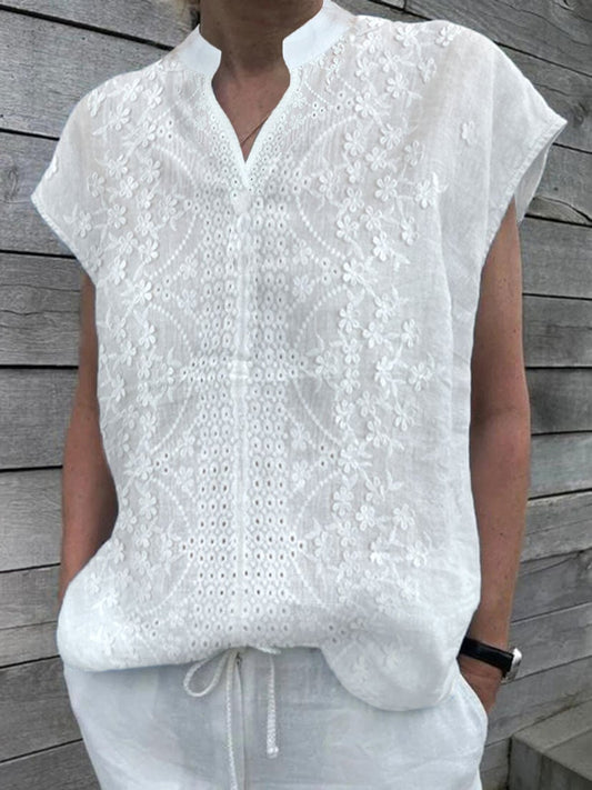Women&#039;s V Neck Cotton Linen Lace Applique Shirt