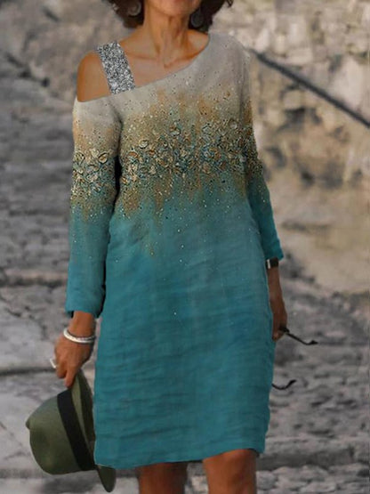 Women's Fashion Art Print Color Block Off Shoulder Long Sleeve Midi Dress