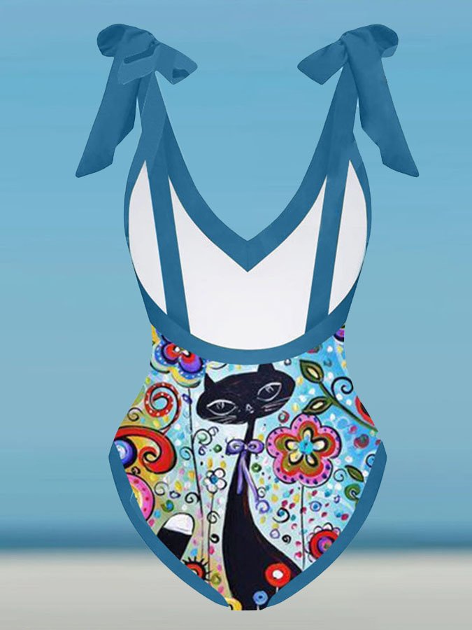 Fashion Cat Print V-Neck One-Piece Swimsuit Set