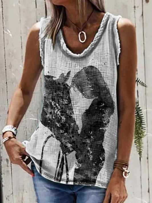 Women's Western Girl and Horse Print Sleeveless T-Shirt