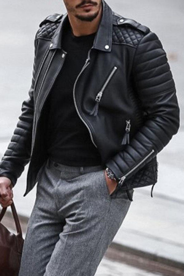 Men's Thickened Lapel Clothing Chain Color Leather Jacket