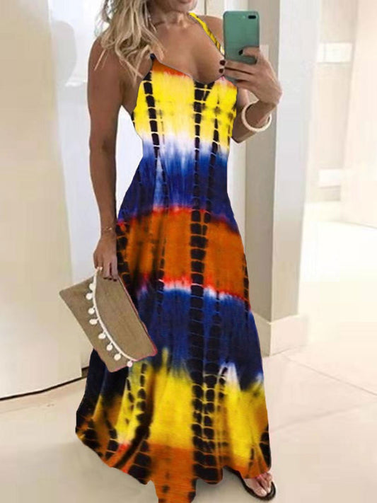 Tie-dye Printed Pocket Loose Sling Dress