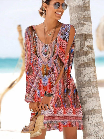 Print Round Neck Slit Sleeves Solid Color Shift Dress