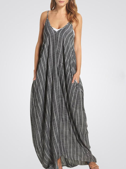 Striped V-Neck Pocket Slip Dress