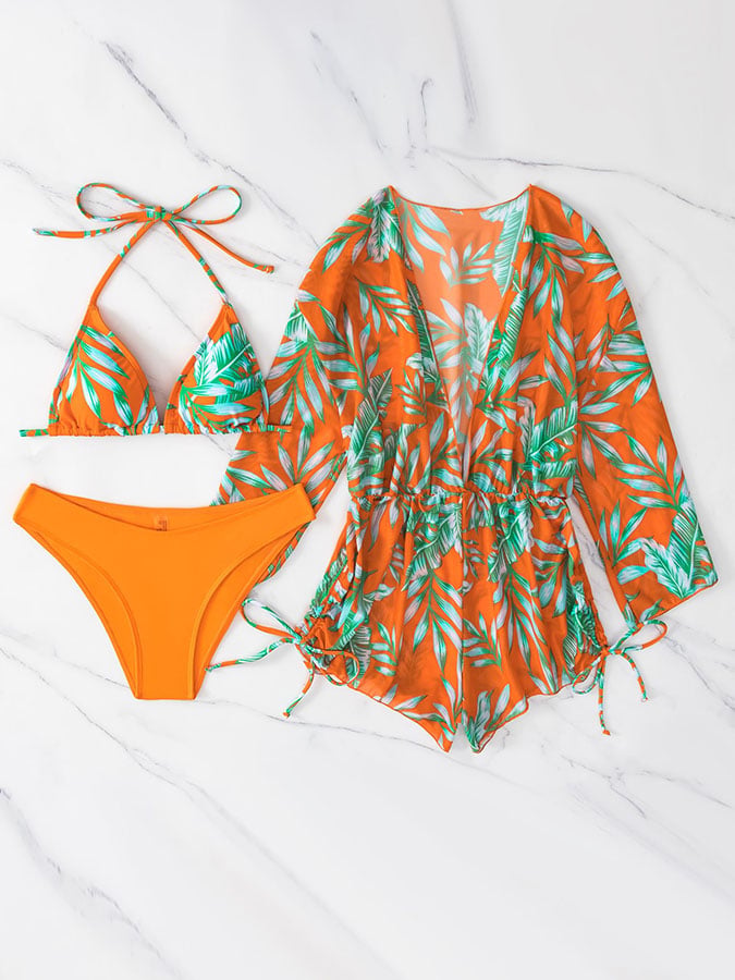 Three-piece bikini leaf print waist lace up long-sleeved beach sunscreen swimsuit