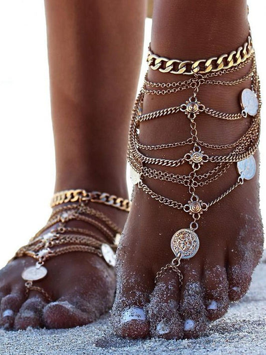 Boho Layered Chain Fringe Coin Anklet