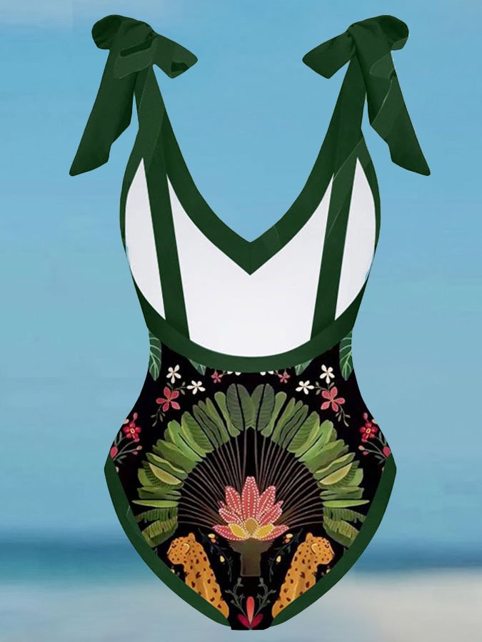 Vintage Print Deep V One Piece Swimsuit Set