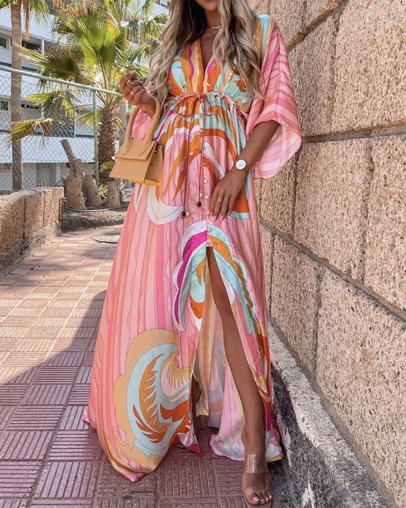 Printed button bat sleeve dress