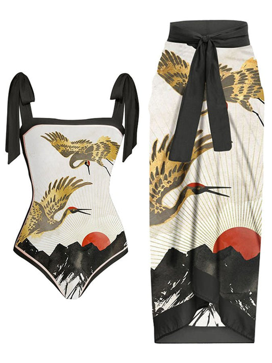 Vintage Animal Print Colorblock One Piece Swimsuit Set