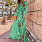 Digital Print V-neck Smocked Split Floor Length Dress