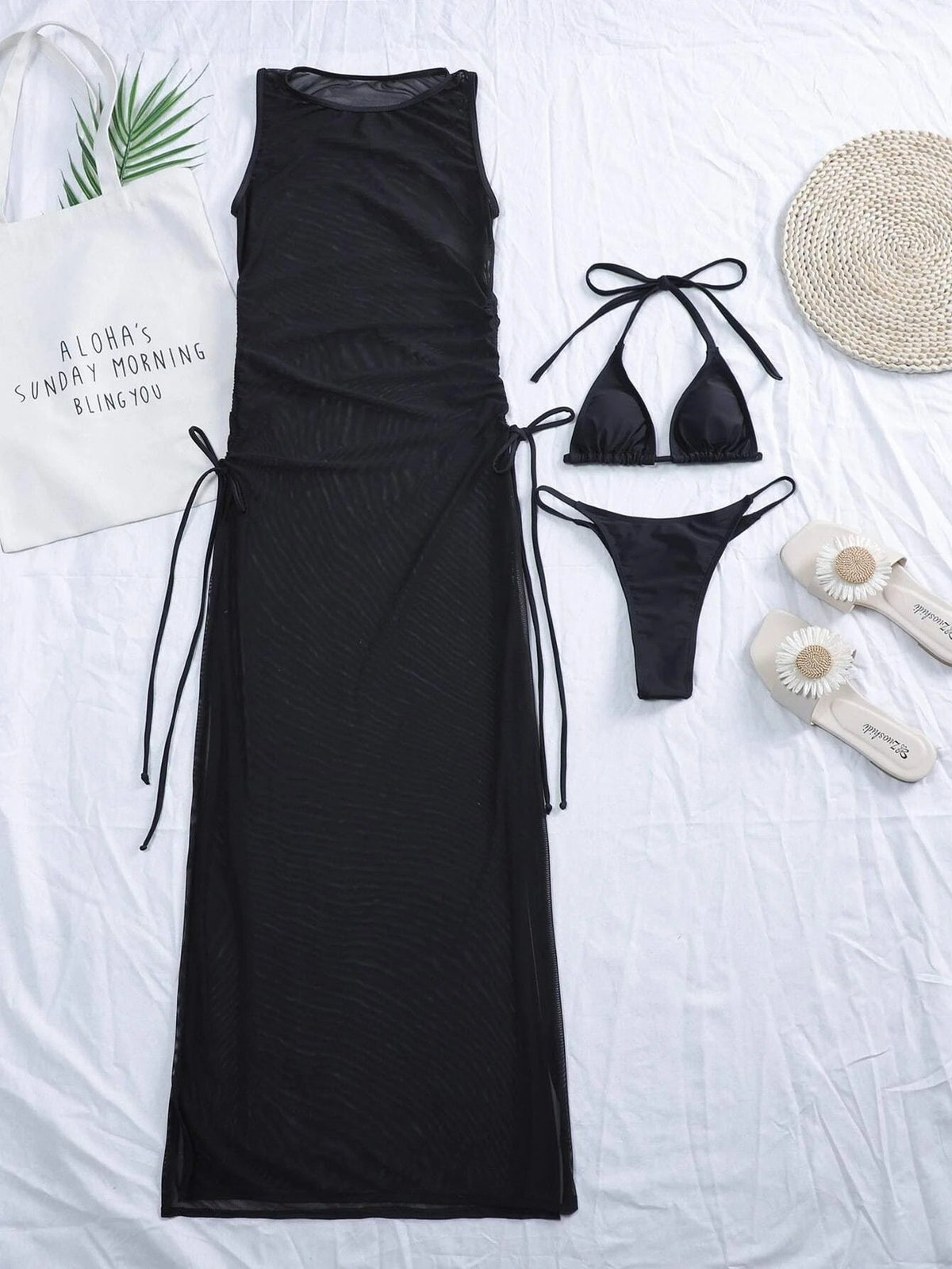 Women's Pure Color Mesh Bikini Three-piece Swimsuit