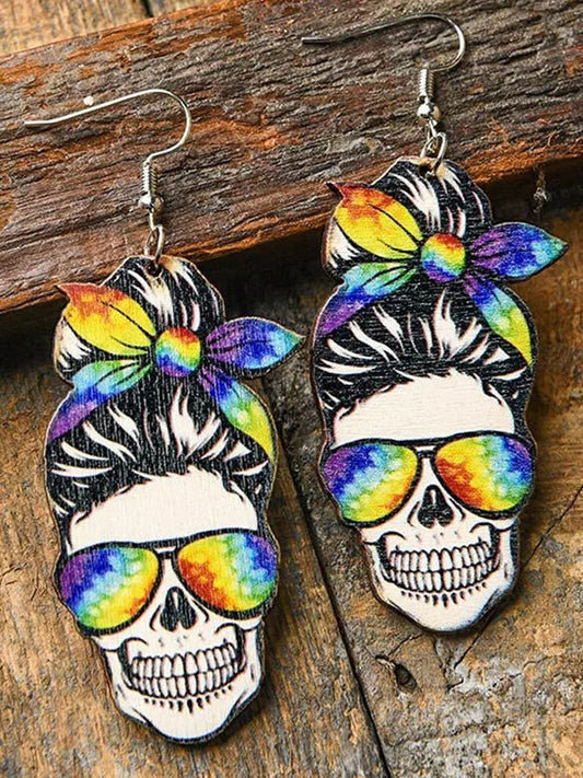 Women's Skull Earrings Tie Dye Baseball Softball Wooden Earrings