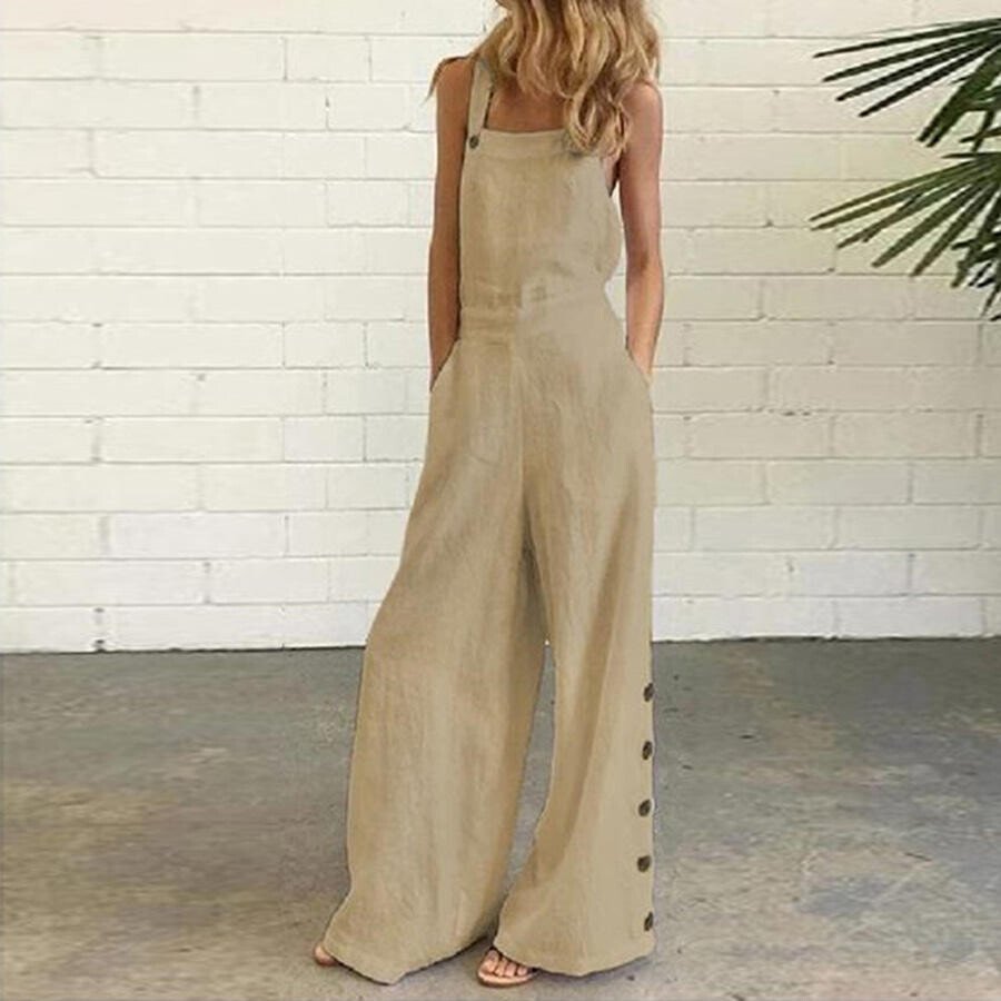 Women Cotton Sleeveless Vintage Wide-Leg Jumpsuit With Side Pockets