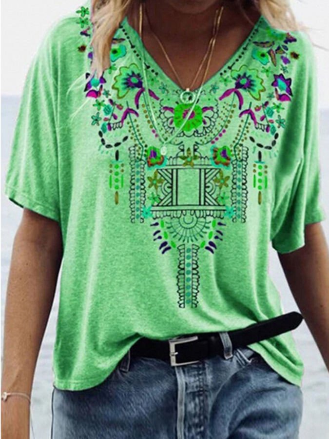 Ladies Spring/Summer V-Neck Ethnic Print Short Sleeve T-Shirt