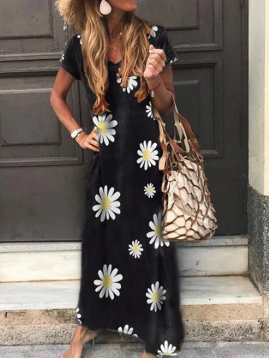 V-Neck Daisy Print Casual Dresses