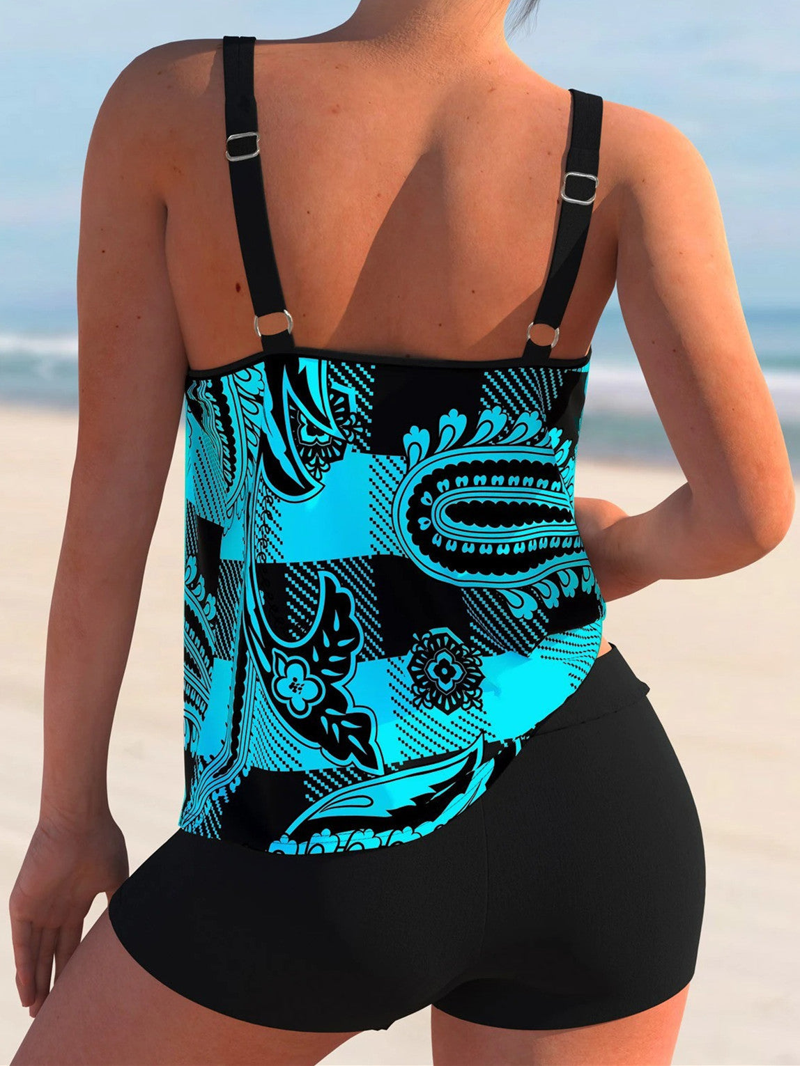 Spaghetti Strap Plaid And Paisley Print Tankini Set