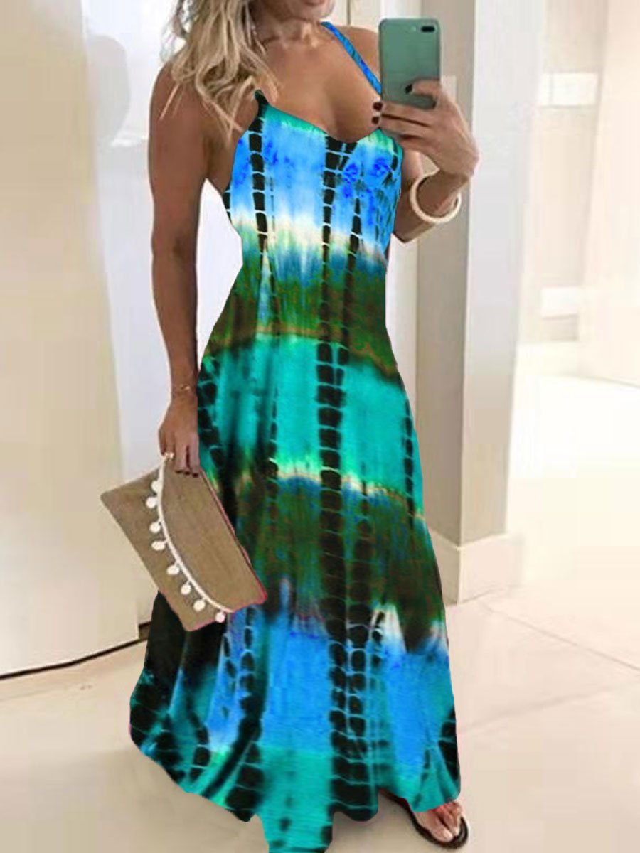 Tie-dye Printed Pocket Loose Sling Dress