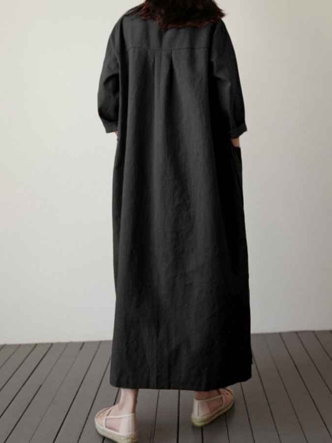 Cotton and Linen Long Sleeve Round Neck Swing Dress