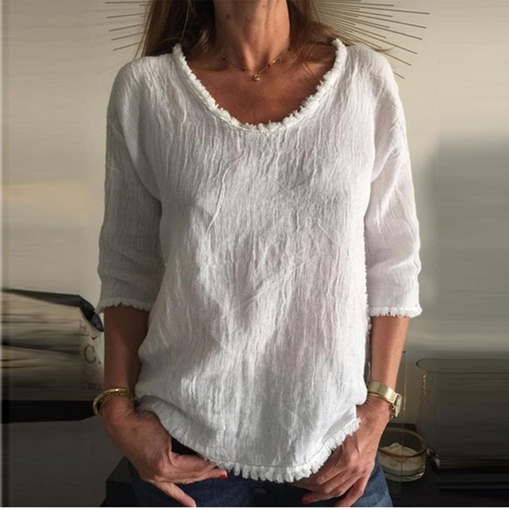 Women's Cotton Linen Solid Color Casual Loose Crew Neck T-Shirt