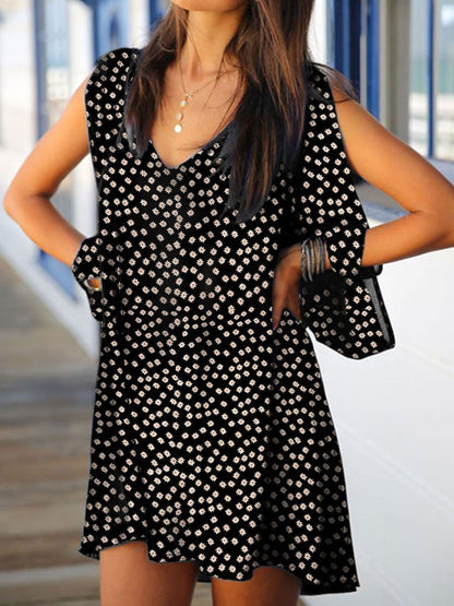 V-neck Floral Print Open Shoulder Long Sleeve Dress