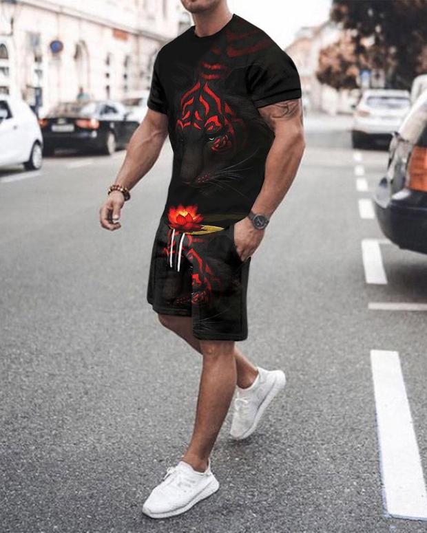 Men's Sport Tiger Printed Shorts Suit