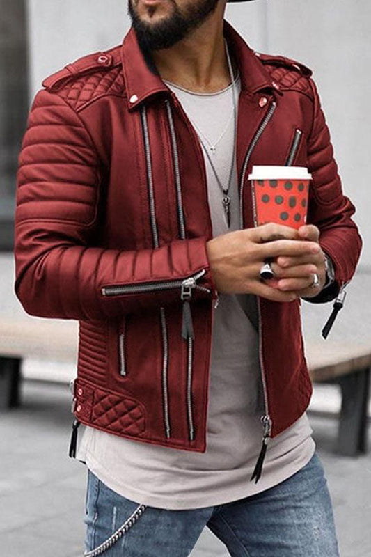 Men's Thickened Lapel Clothing Chain Color Leather Jacket