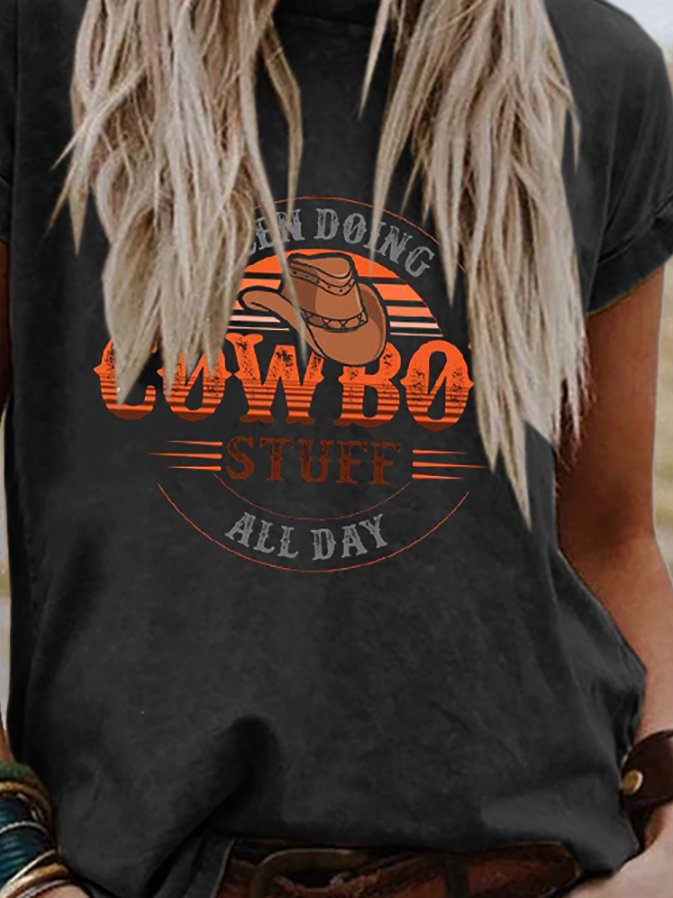 Cowboy Print Crew Neck Casual T-Shirt