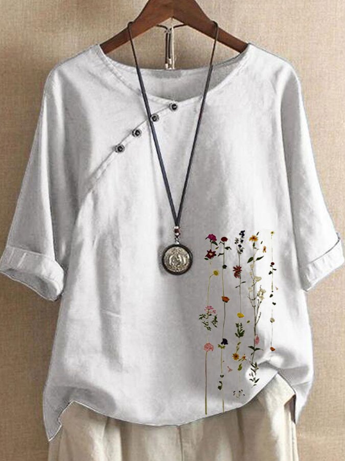Cotton Linen Button Short Sleeve Top