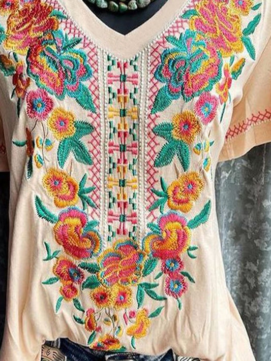 V-Neck Ethnic Floral Print T-Shirt