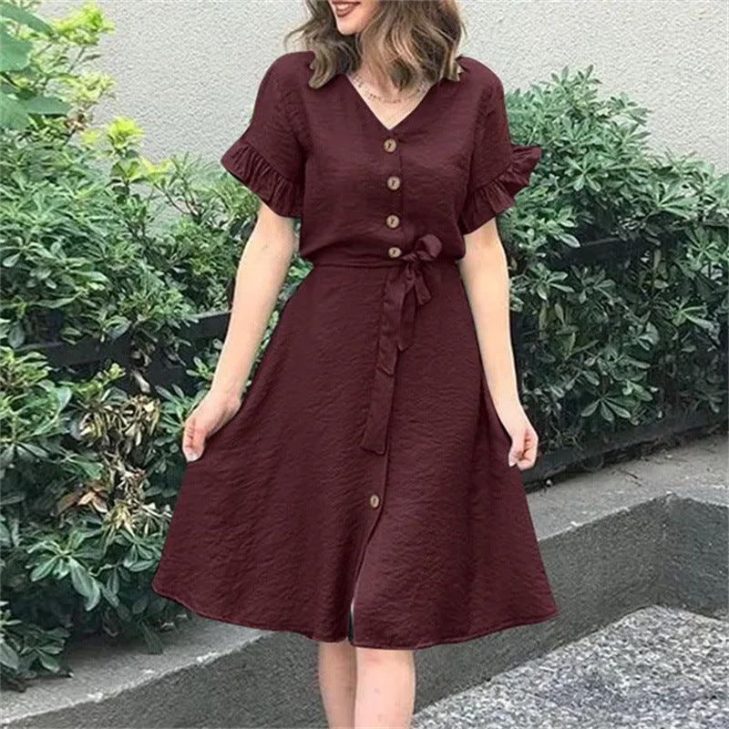 Casual Single Breasted  Short-sleeves Dress