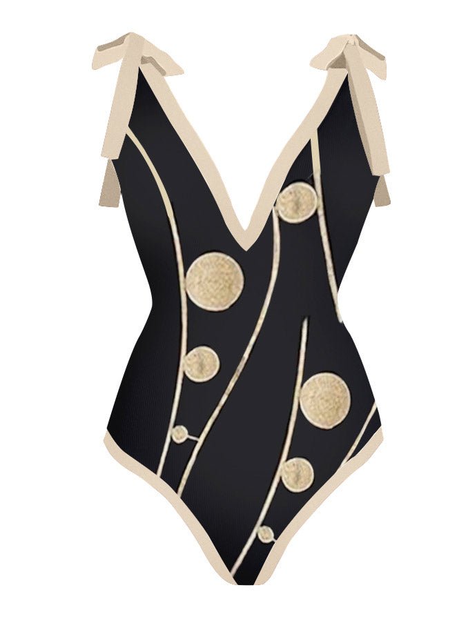 Vintage V-Neck Geometric Print One-Piece Swimsuit Set