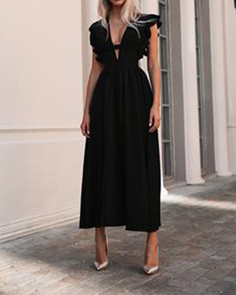 Solid Color Hollow Dress with Ruffles