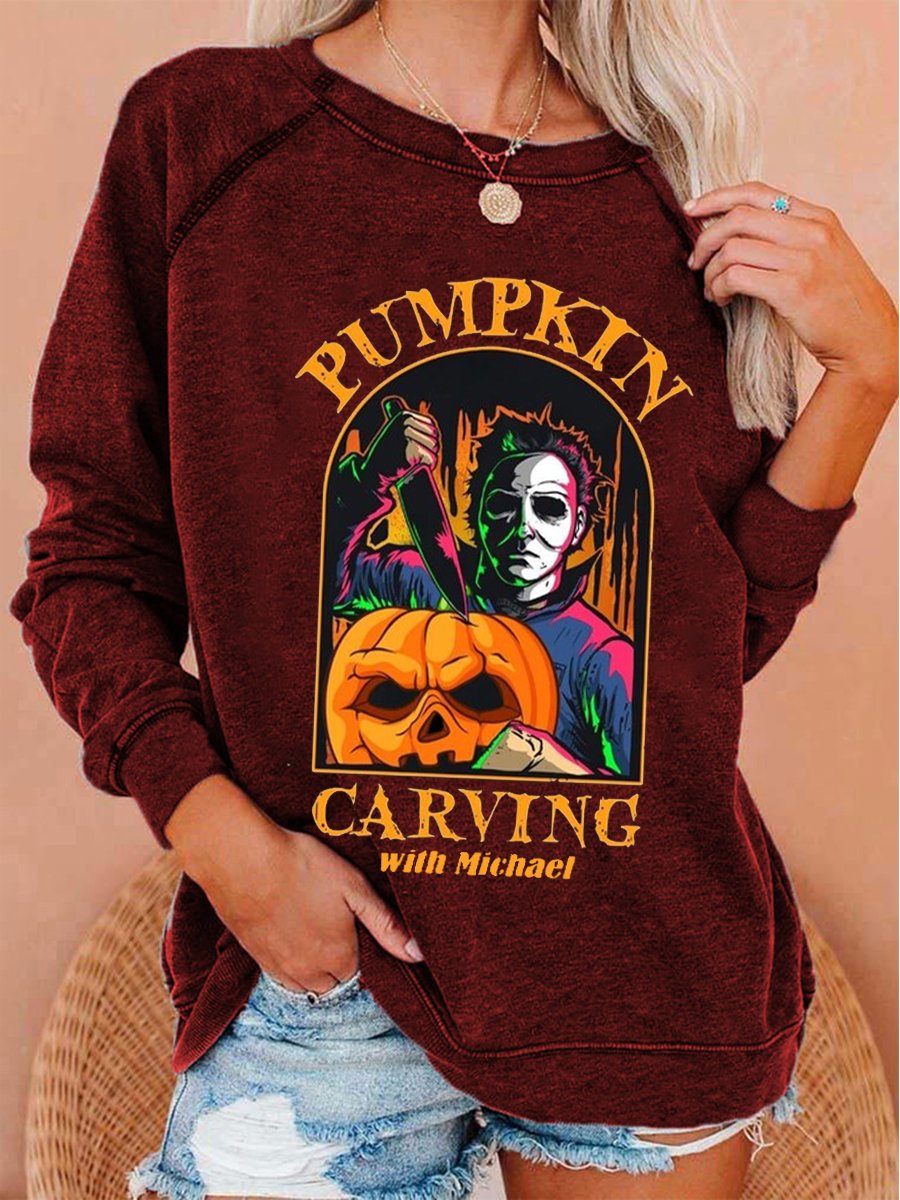 Women&#039;s Halloween Pumpkin Carving With Michael Print Top