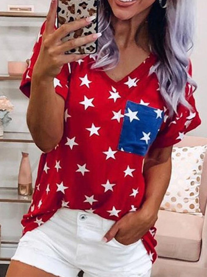 Women's Independence Day Star Print V-Neck T-Shirt