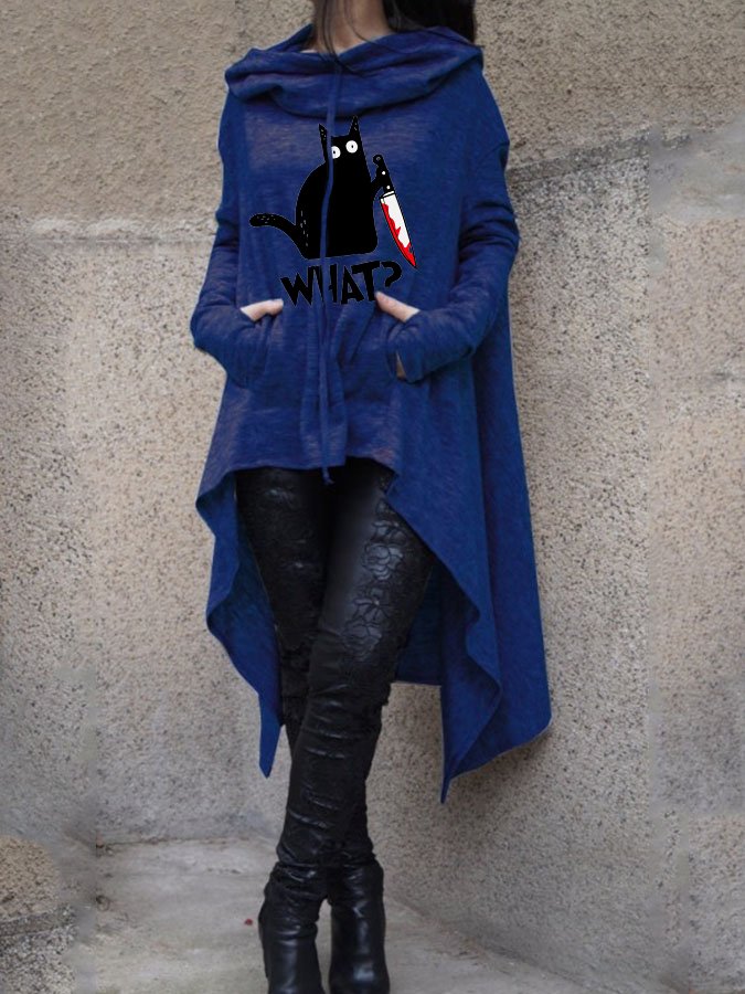 Women's Halloween Fun Black Cat Print Hooded Long Top